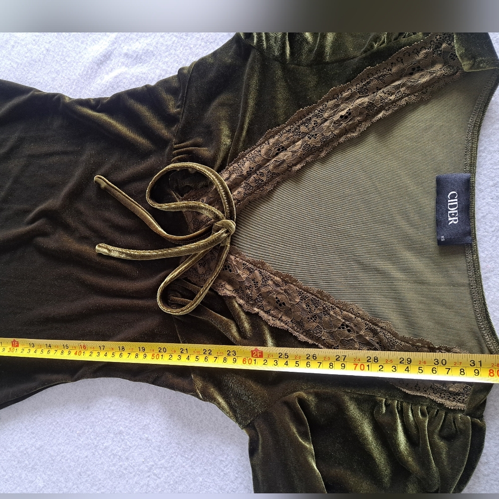 Cider Olive Velvet V-Neck Solid Lace Detail Mini Dress - Picture 12 of 14